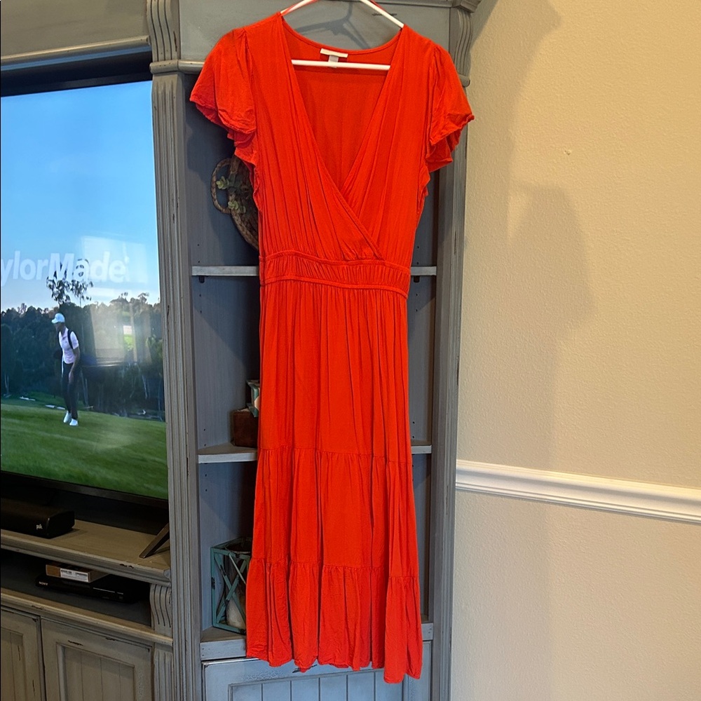Knox Rose Women's Orange Tiered V-Neck Midi Dress